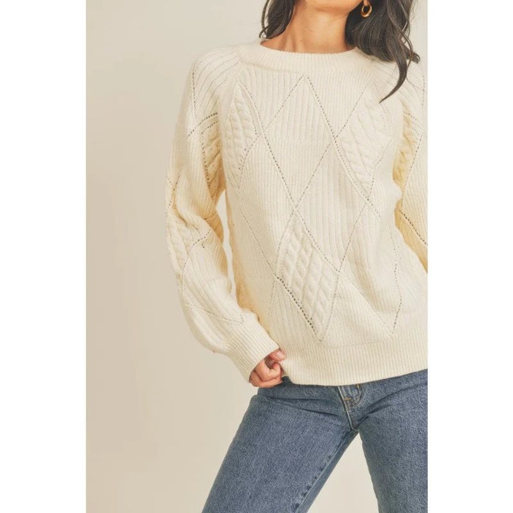 &merci Diamond Mixed Knit Sweater Sz S Cream Pullover‎ Fisherman Coastal Casual